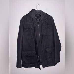 Black Rivet Wool Blend‎ Zip Hooded Pea Coat Double Pockets Men’s M Winter Classy